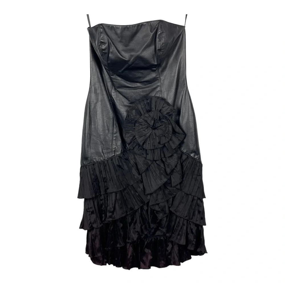 VINTAGE 80S SAMIR ANTONIO RUSPOLI LEATHER STRAPLESS RUFFLE PARTY COCKTAIL DRESS